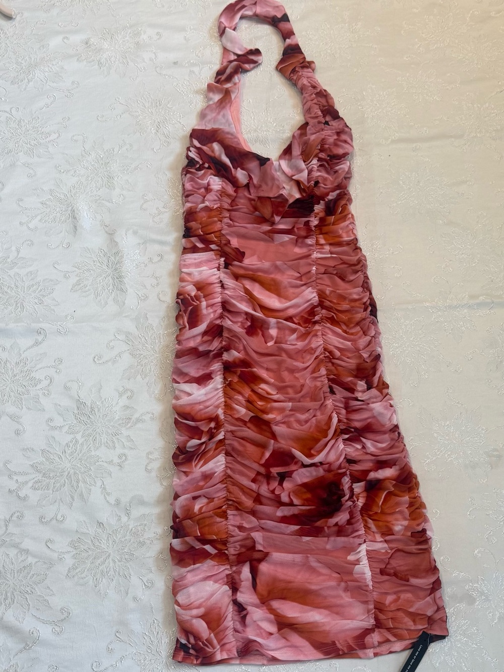 AFRM Balmer Ruched Halter Midi Dress, Peach Roses - Picture 7 of 11